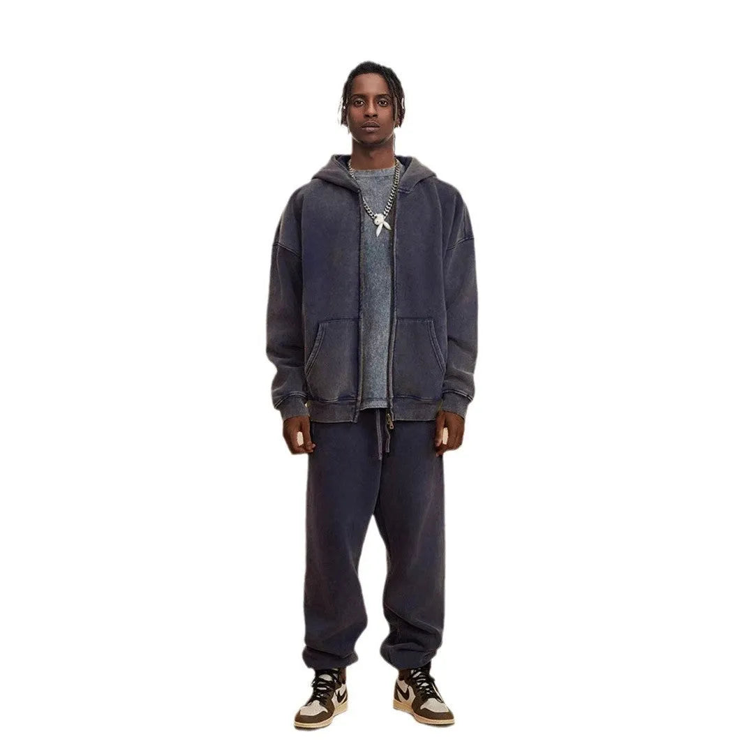 Men's vintage-style hooded cardigan sweater in cotton with a fleece lining and double zipper.