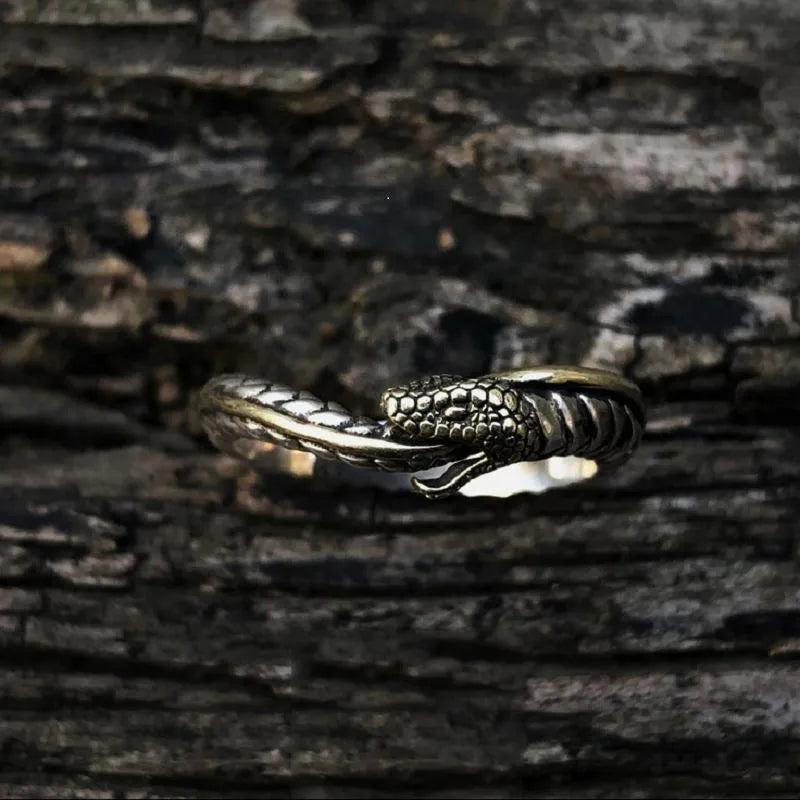 Thai silver handmade Ouroboros adjustable unisex couple ring with geometric snake design