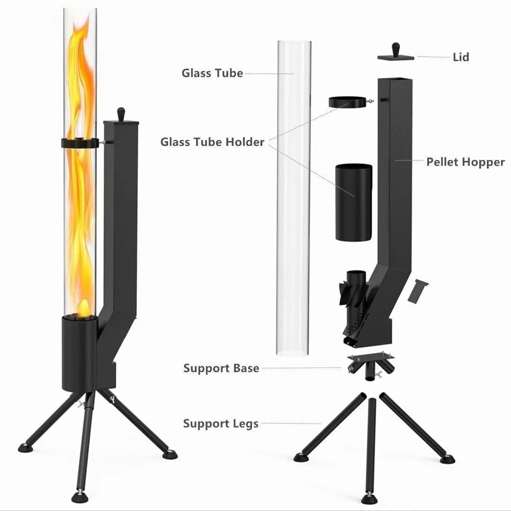 Vertical iron wood burning rocket furnace for courtyard heating with integrated stove design