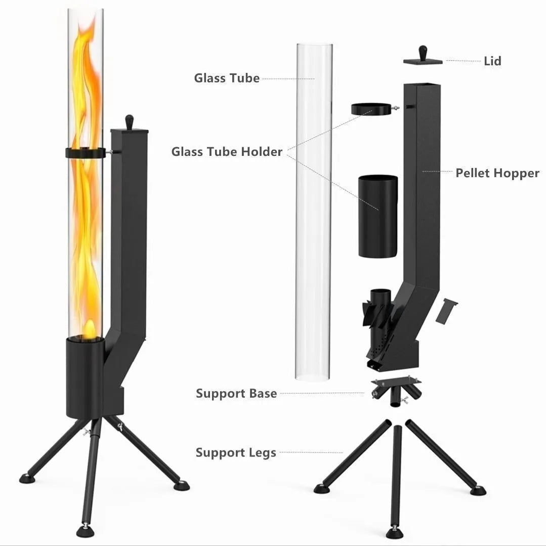 Vertical iron wood burning rocket furnace for courtyard heating with integrated stove design