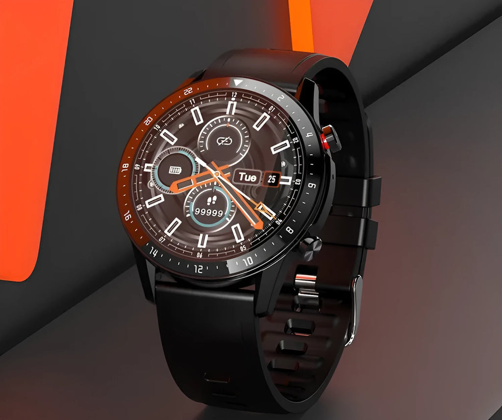 Bluetooth smartwatch with alloy case on wrist, showing time and heart rate on its 1.3-inch screen.