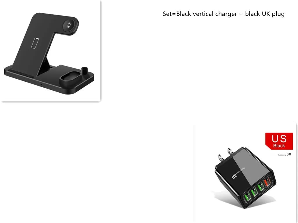 4-in-1 adjustable wireless charging station charging a phone, Apple Watch, and AirPods.