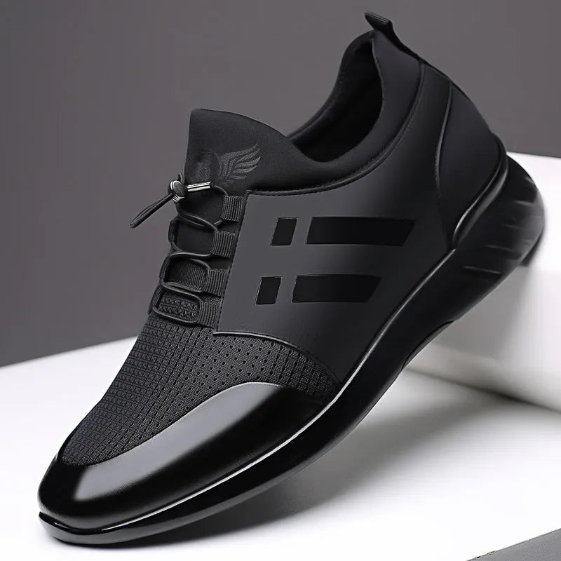Men's black casual shoes with invisible height increase, available in leather, Lycra, or mesh.