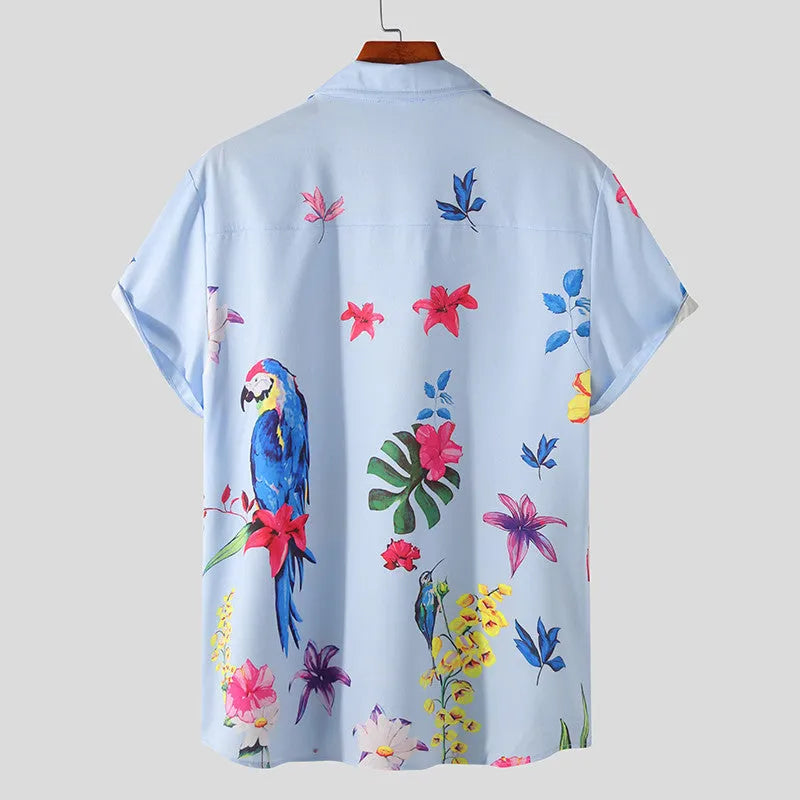 Men's blue Hawaiian beach short sleeve shirt with pointed collar, front view on mannequin