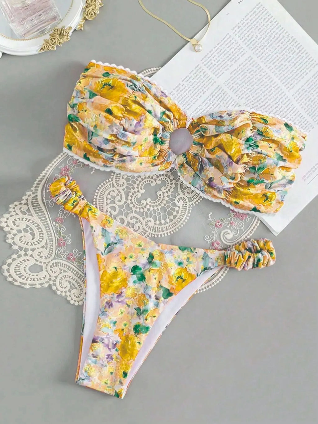 Printed tube top bikini with lace trim and floral pattern in European swimwear style