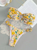 Printed tube top bikini with lace trim and floral pattern in European swimwear style