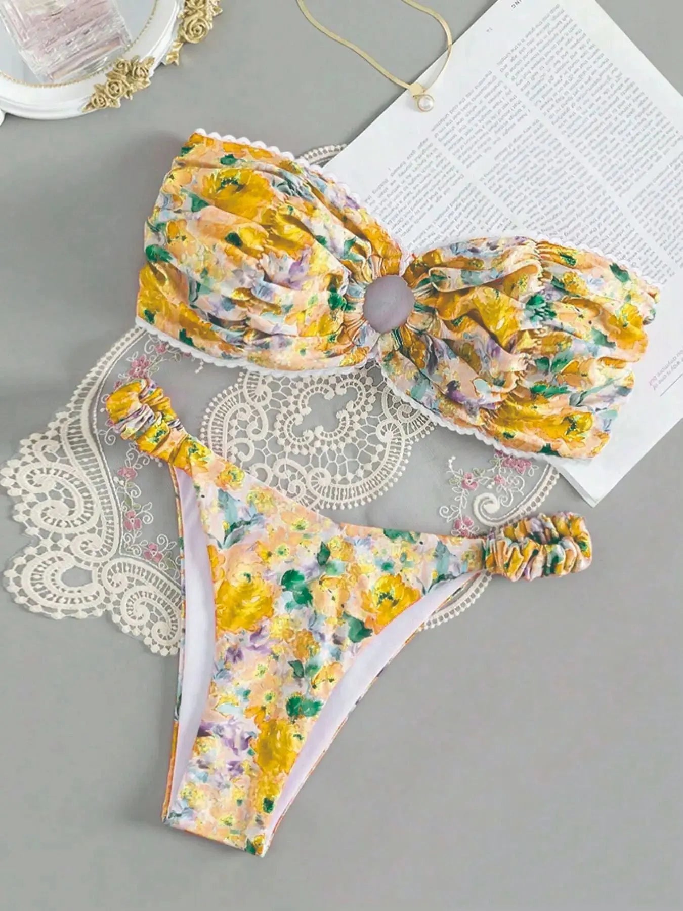 Printed tube top bikini with lace trim and floral pattern in European swimwear style