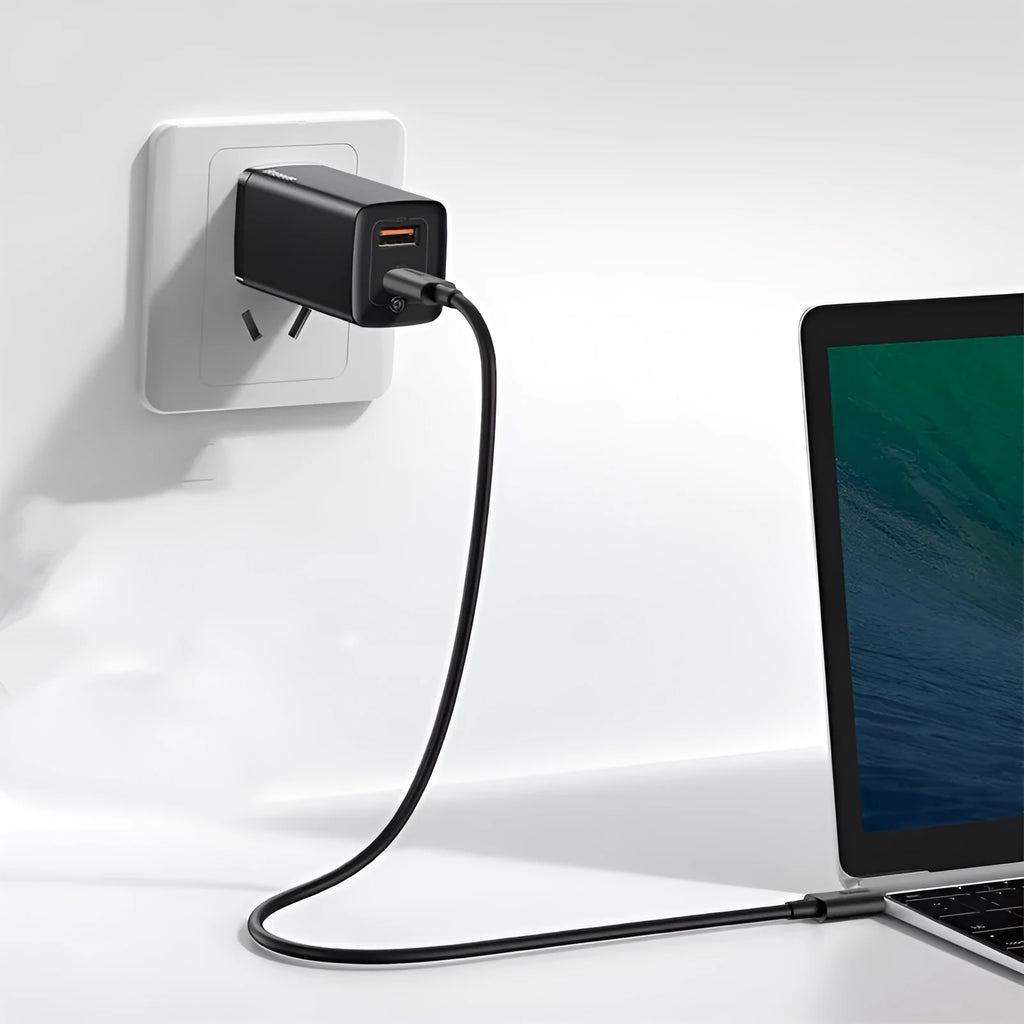 65W dual port gallium nitride charger with indicator light in black and white for 220V US outlets