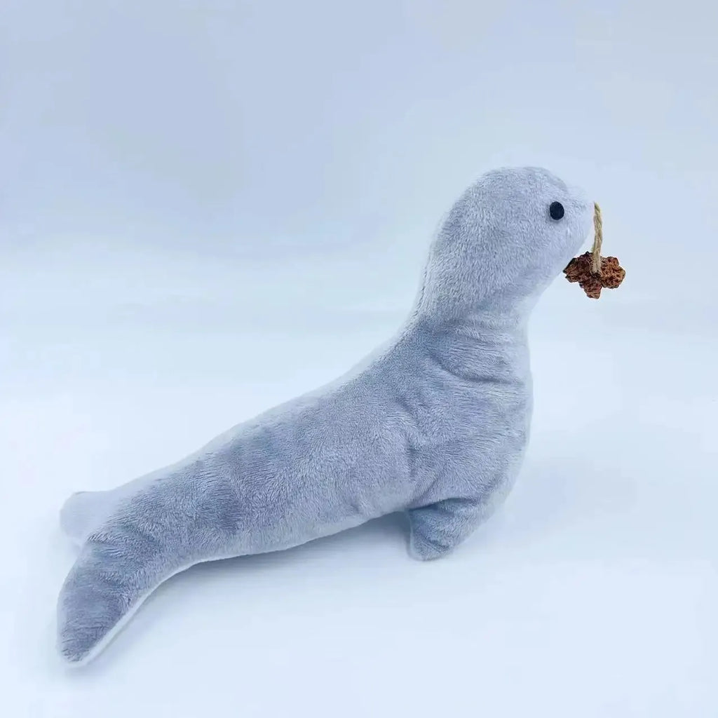 Blue sea lion plush cat toy with bell and catnip gall fruit for interactive play