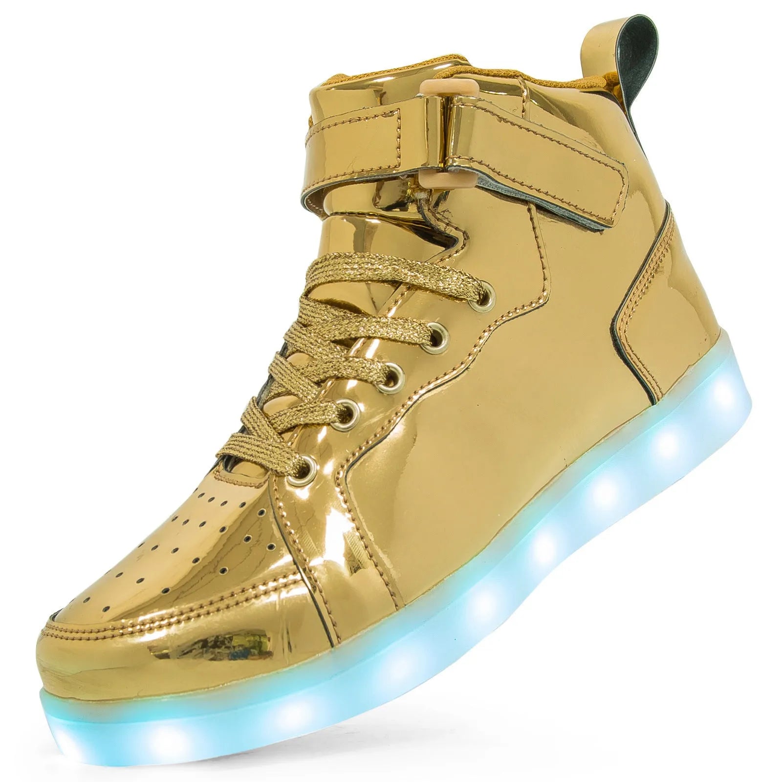 LED light-up high-top board shoes in black with velcro strap and rubber sole.