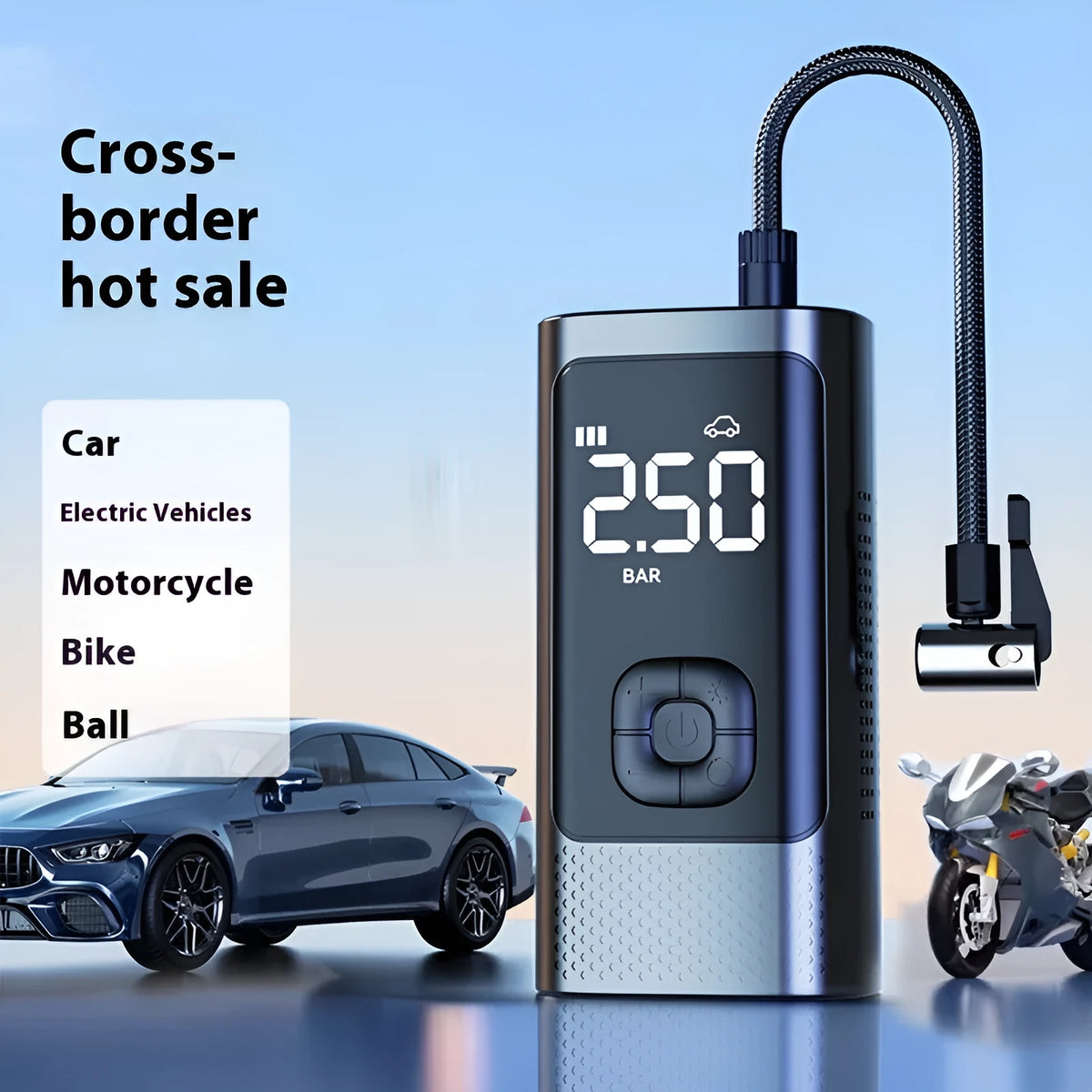 Car mounted wireless inflation tyre inflator ABS rechargeable 45L/min with pressure gauge and 3m power cord