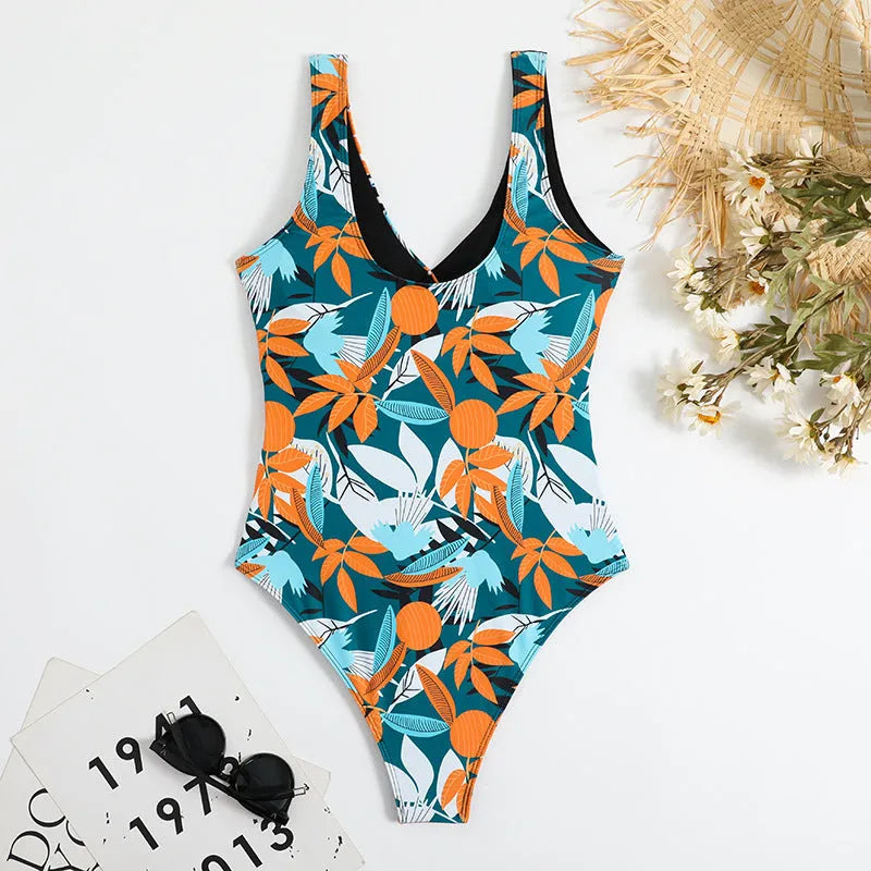 Women's high-waist one-piece swimsuit with printed pattern in quick-drying fabric