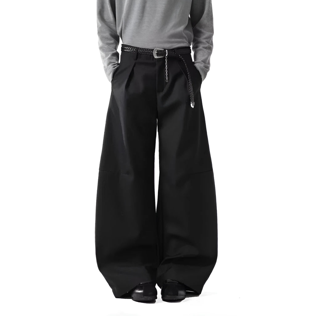 Men's loose casual wide leg pants in black, high waist, cotton blend fabric