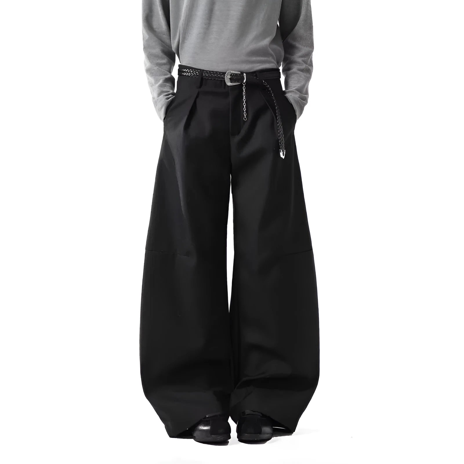 Men's loose casual wide leg pants in black, high waist, cotton blend fabric