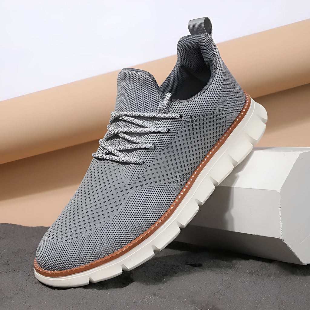 Men's grey mesh sneakers with round toe and shallow collar design
