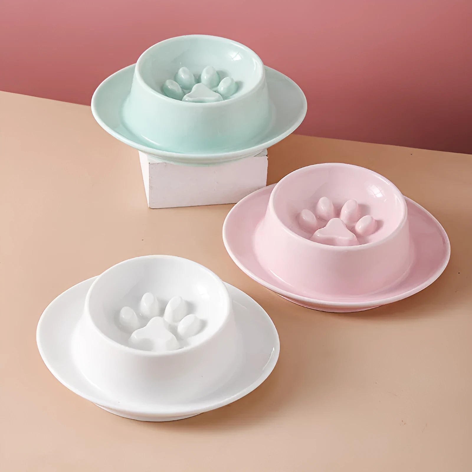 Ceramic anti-choking slow feed pet bowl for cats and dogs in three colour options