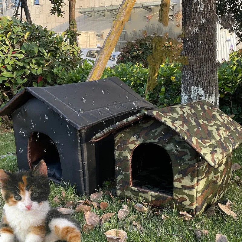 Black outdoor waterproof shelter for stray cats made of Oxford cloth with detachable design