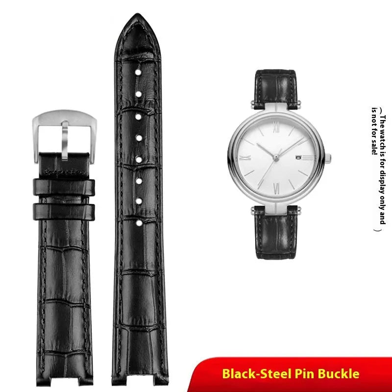 Genuine leather women's watch strap with steel pin buckle in black, pink, red, sapphire blue, or white