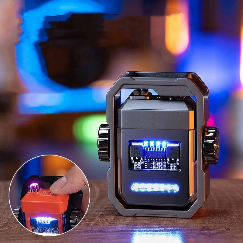 Blue windproof plasma electric lighter with a spinning metal gyroscope and USB Type-C charging port