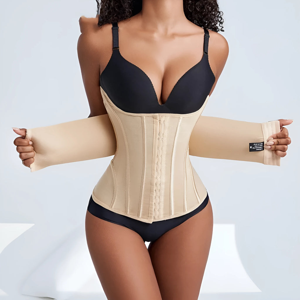 Nylon belly band waist training tummy slimming belt in black and apricot colours with adjustable tie