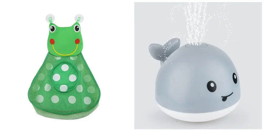 Whale-shaped electric bath toy spraying water with flashing lights, floating in baby bathtub