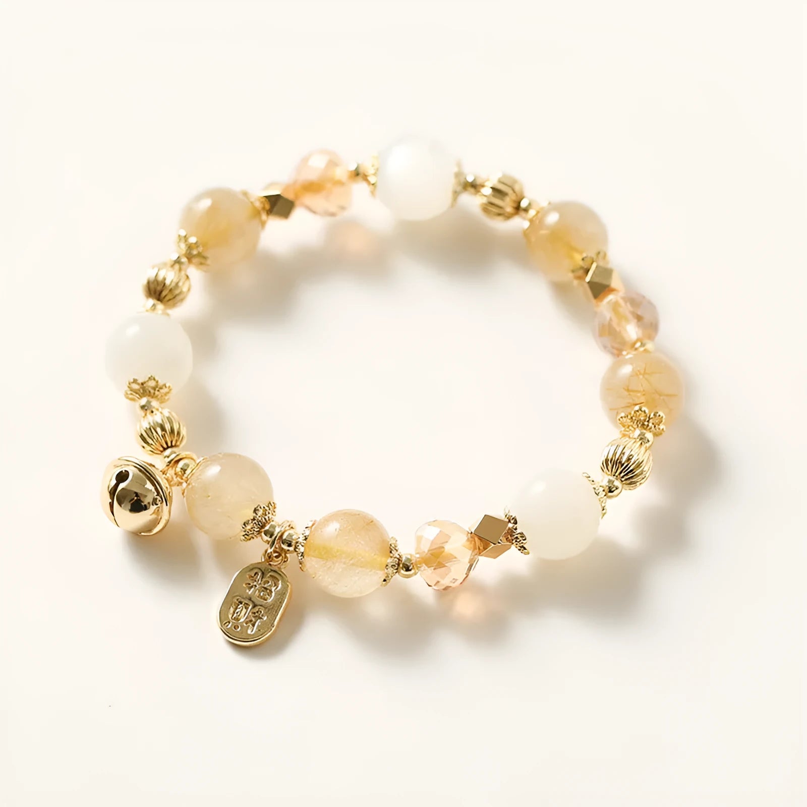 Korean style gold electroplated bracelet with Lucky Fortune rutilated quartz crystal centrepiece