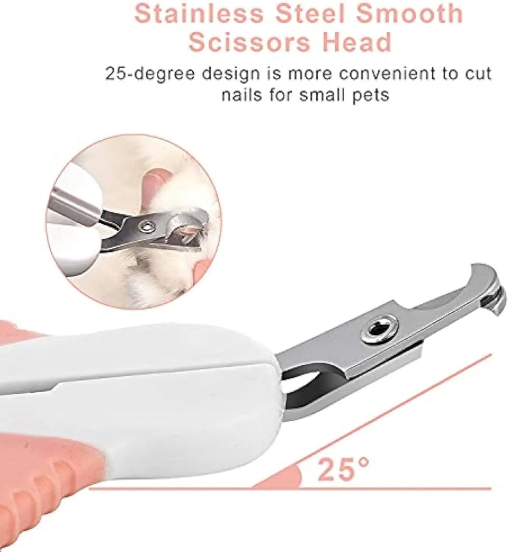 Grey and pink cat nail clippers with safety guard and angled stainless steel blade for small pet grooming