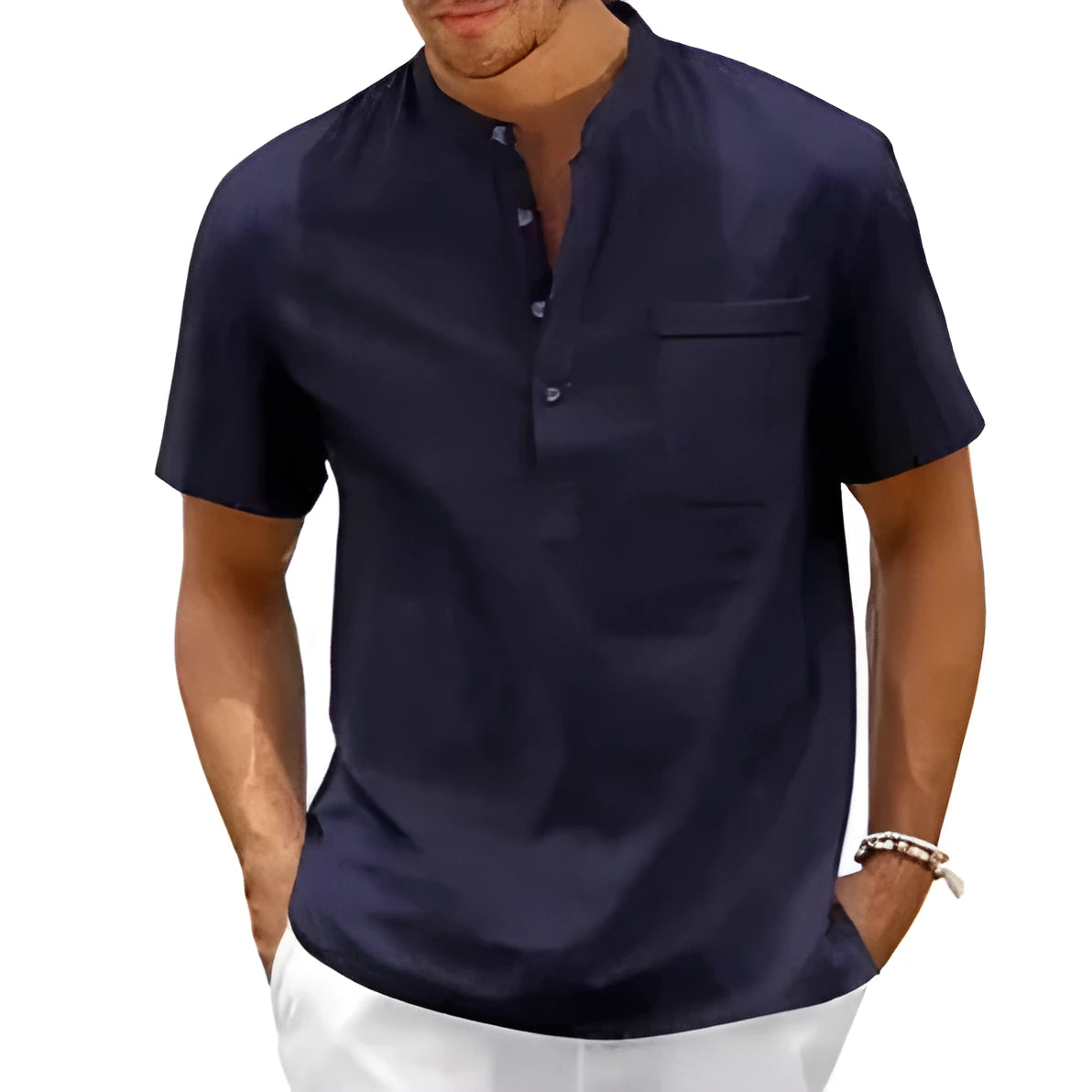 Men's solid colour stand collar short sleeve polo shirt laid flat.