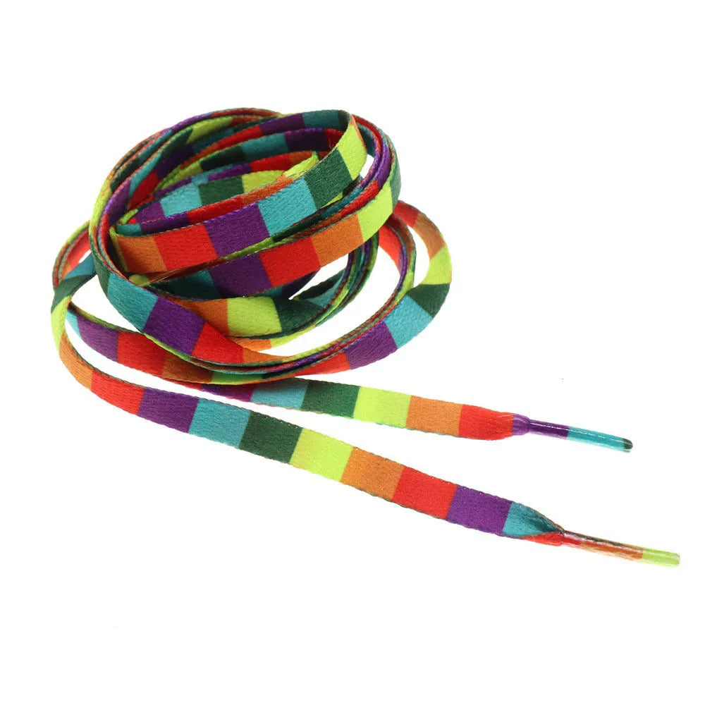 Rainbow oblate shoelace with colour print gradient, 0.8cm width, square rainbow colour, thick woven texture