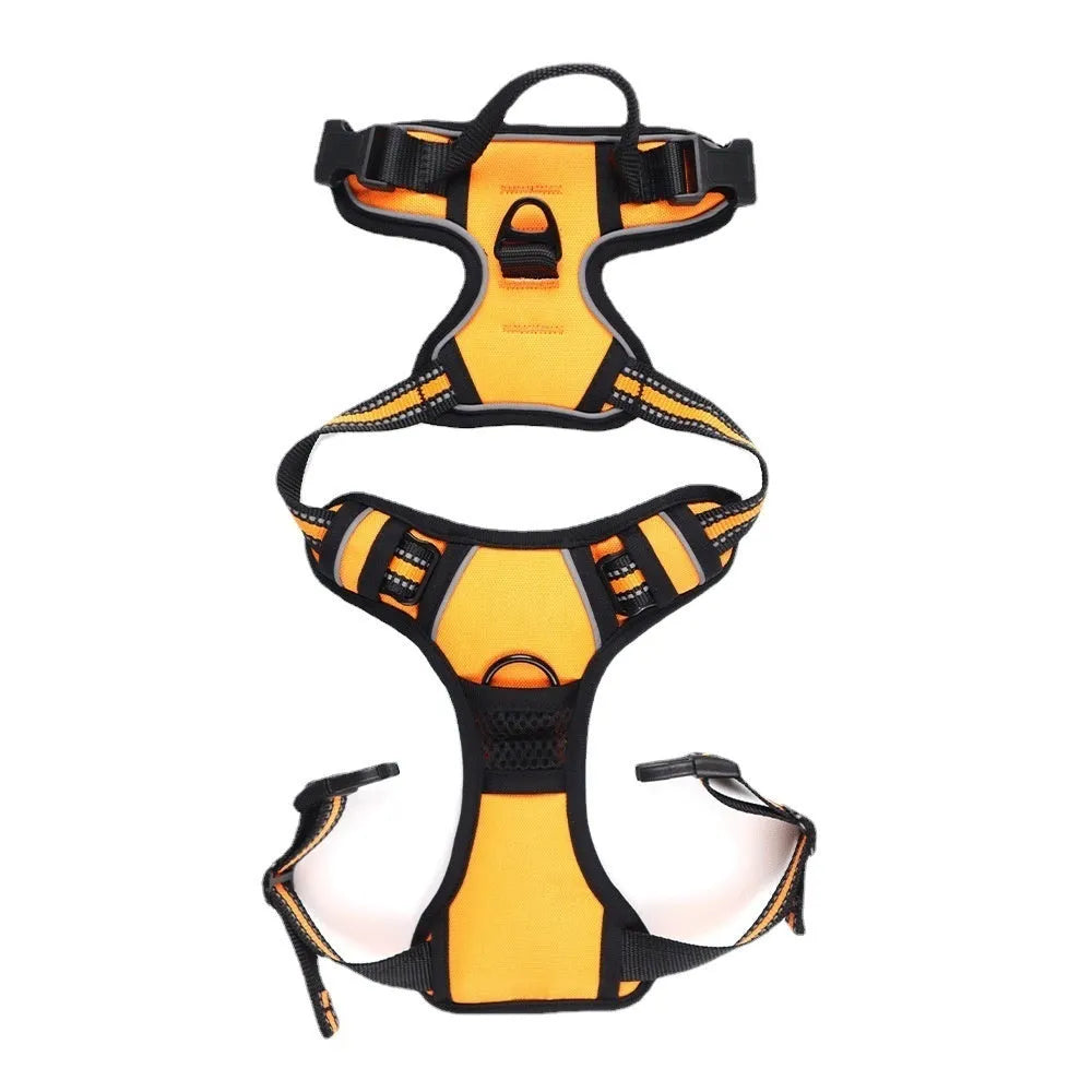 Adjustable Oxford cloth dog chest strap harness in multiple colours on a grey background.