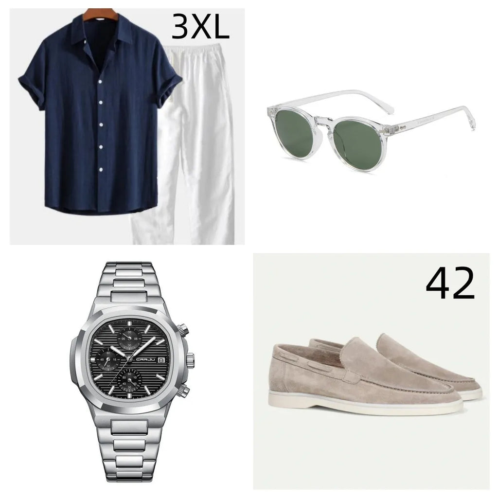 A navy blue casual short sleeve suit set with a loose-fitting shirt and shorts on a beach background.