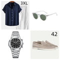 A navy blue casual short sleeve suit set with a loose-fitting shirt and shorts on a beach background.