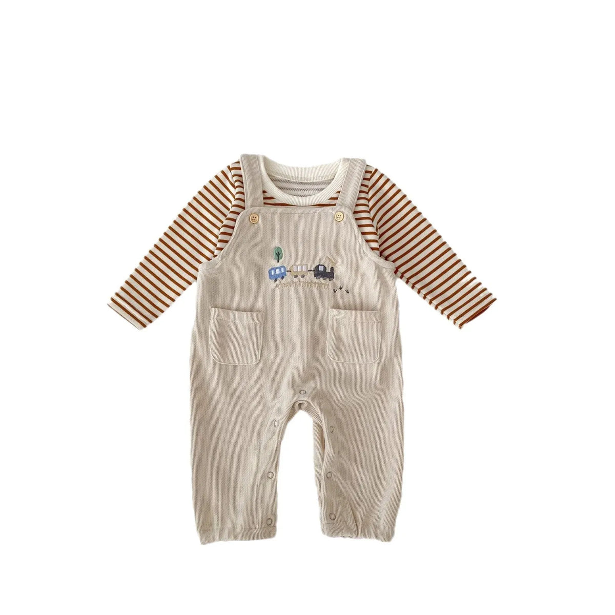 Baby bib pants and striped long sleeve top set in cotton, sizes 66cm to 100cm, with car embroidery.