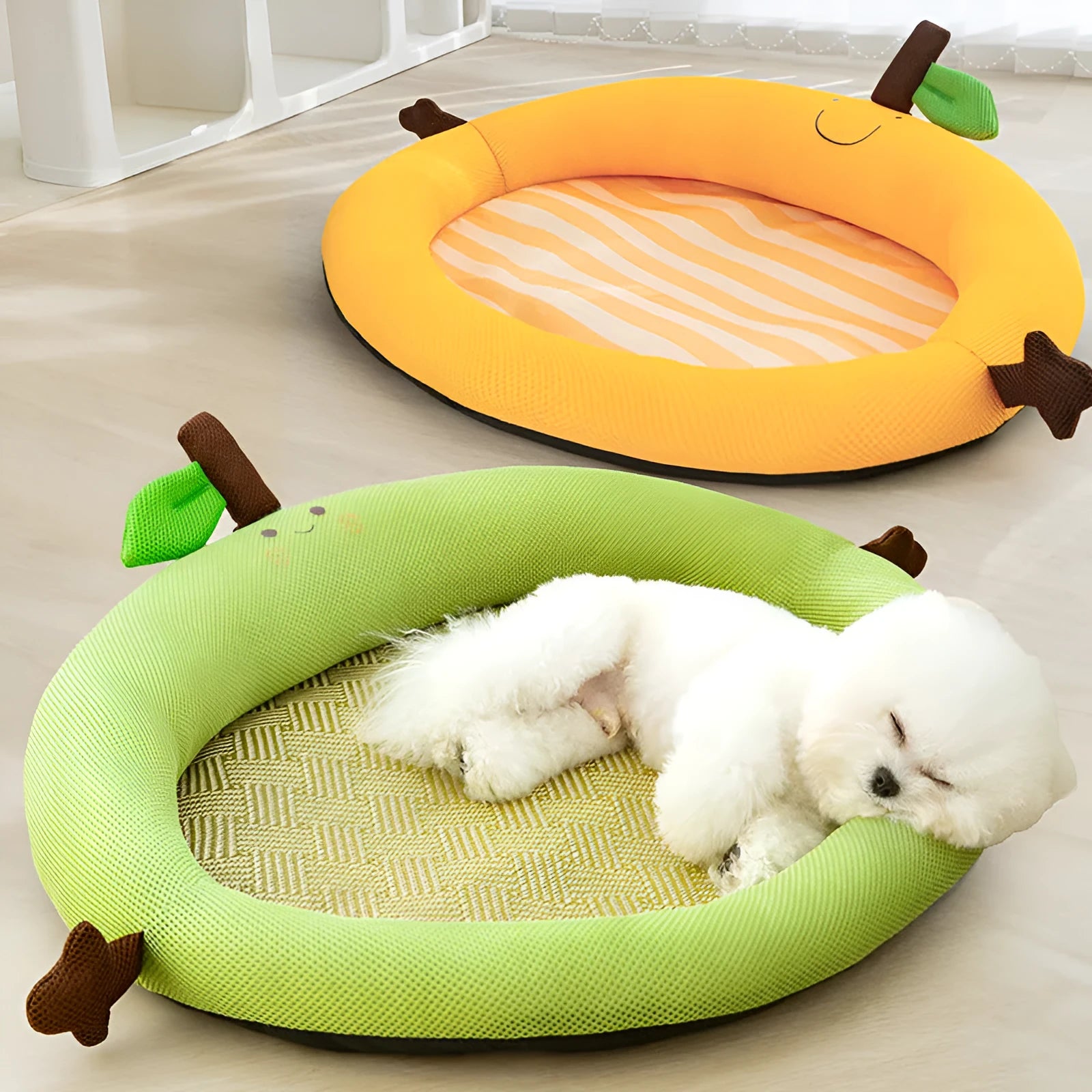 Green fruit backrest dog nest bed on a wooden floor, showing its cotton linen material and size scale.