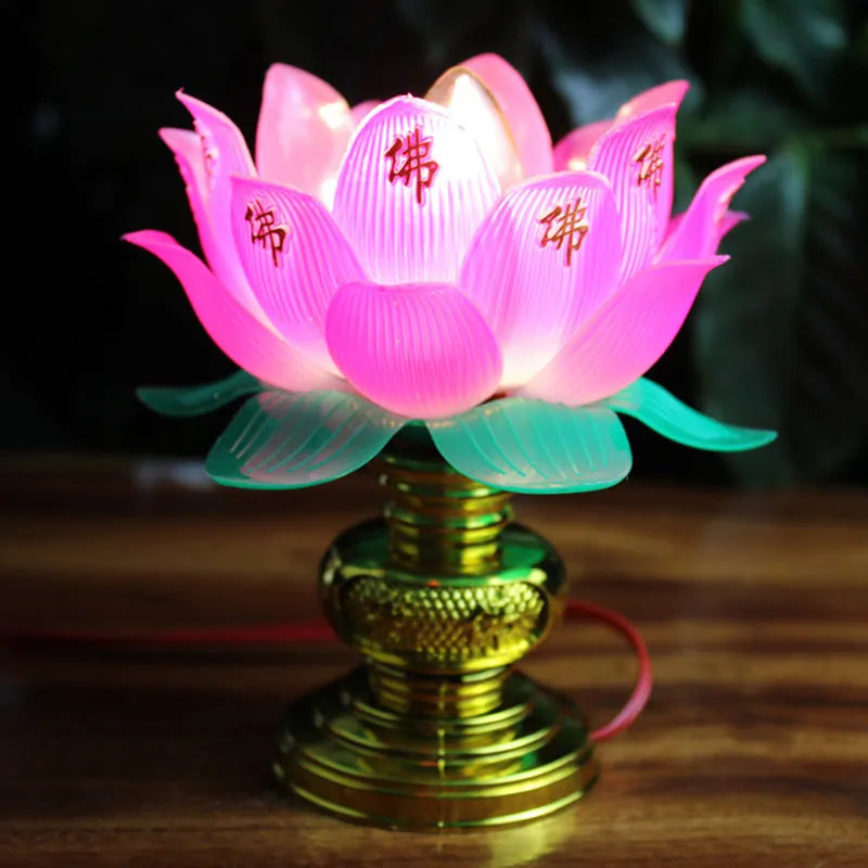 Plug-in Buddha lamp with a colourful lotus base light for home worship.