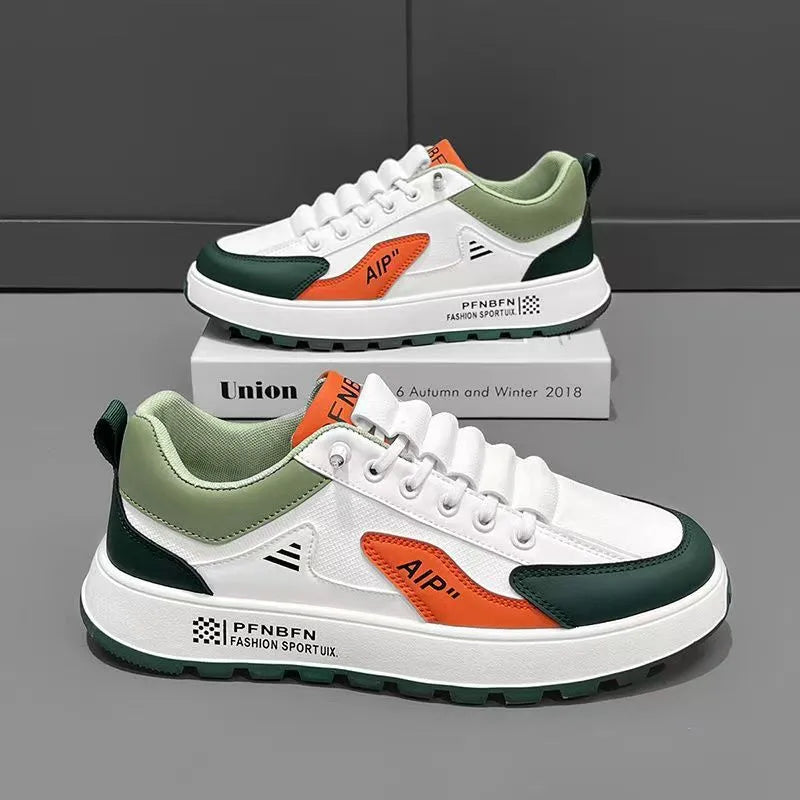 Men's round toe casual shoes in artificial PU, shown in white and orange colourway.
