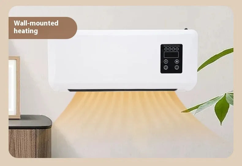 White wall-mounted warm air blower bathroom heater with digital temperature control, 42x18x12cm