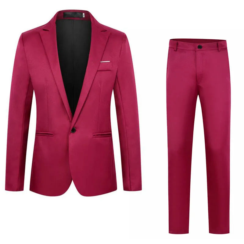 Men's loose fit wedding suit jacket in acetate fibre, shown in multiple colours including black, blue, and wine red.