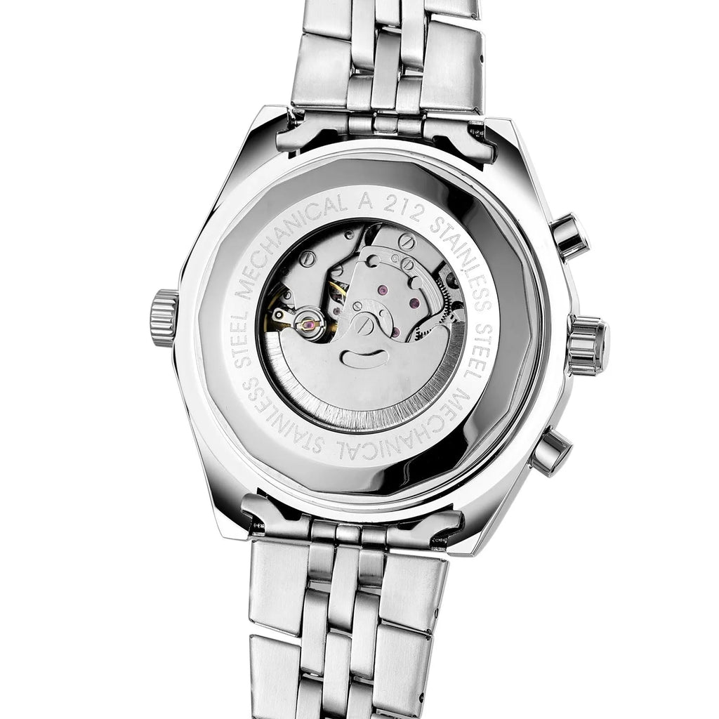 Men's double calendar automatic mechanical watch with 48mm steel round case and alloy strap, sports style pointer display.
