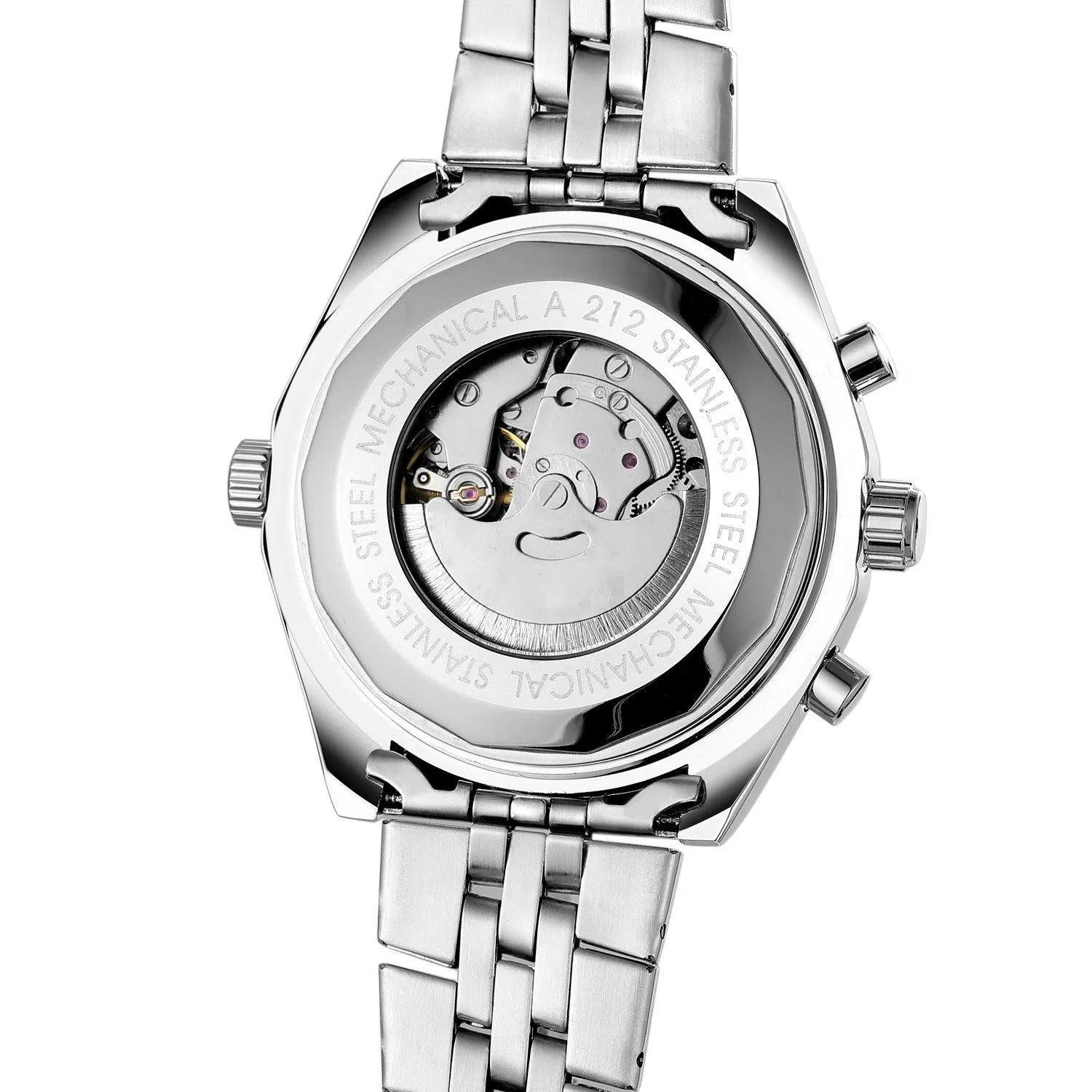 Men's double calendar automatic mechanical watch with 48mm steel round case and alloy strap, sports style pointer display.
