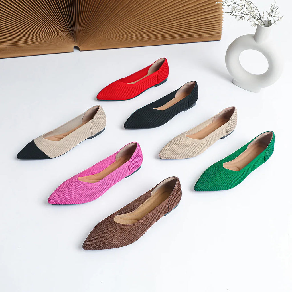 Women's knit flat pumps with pointed toe and rubber sole available in multiple colours