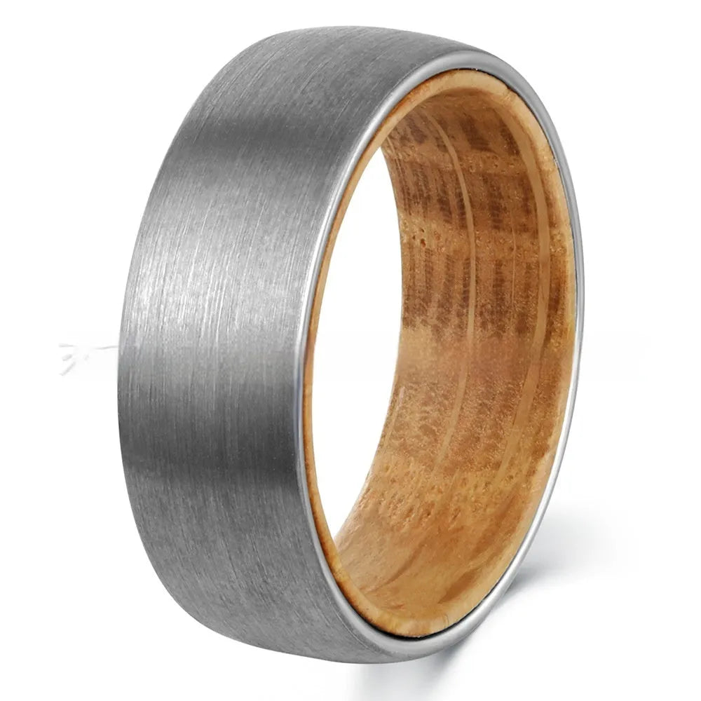 Silver tungsten ring with barrel wood inner layer for men, simple band style, electroplated finish