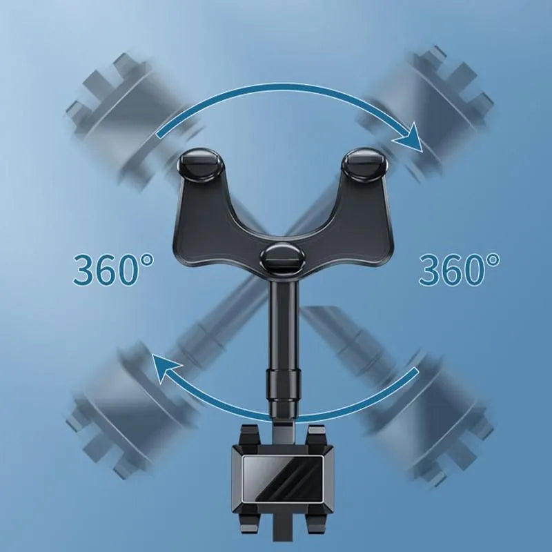 Black rearview mirror car phone holder showing 360-degree rotation and telescopic arm extended