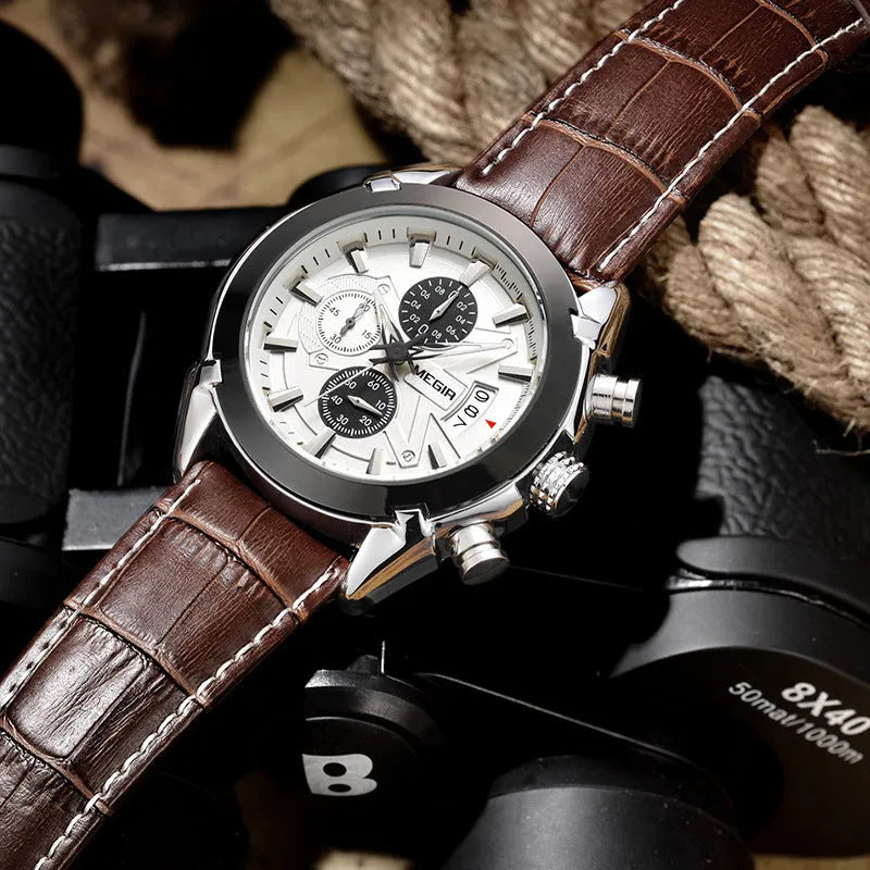Men's brown and white three-eye chronograph quartz watch with luminous hands