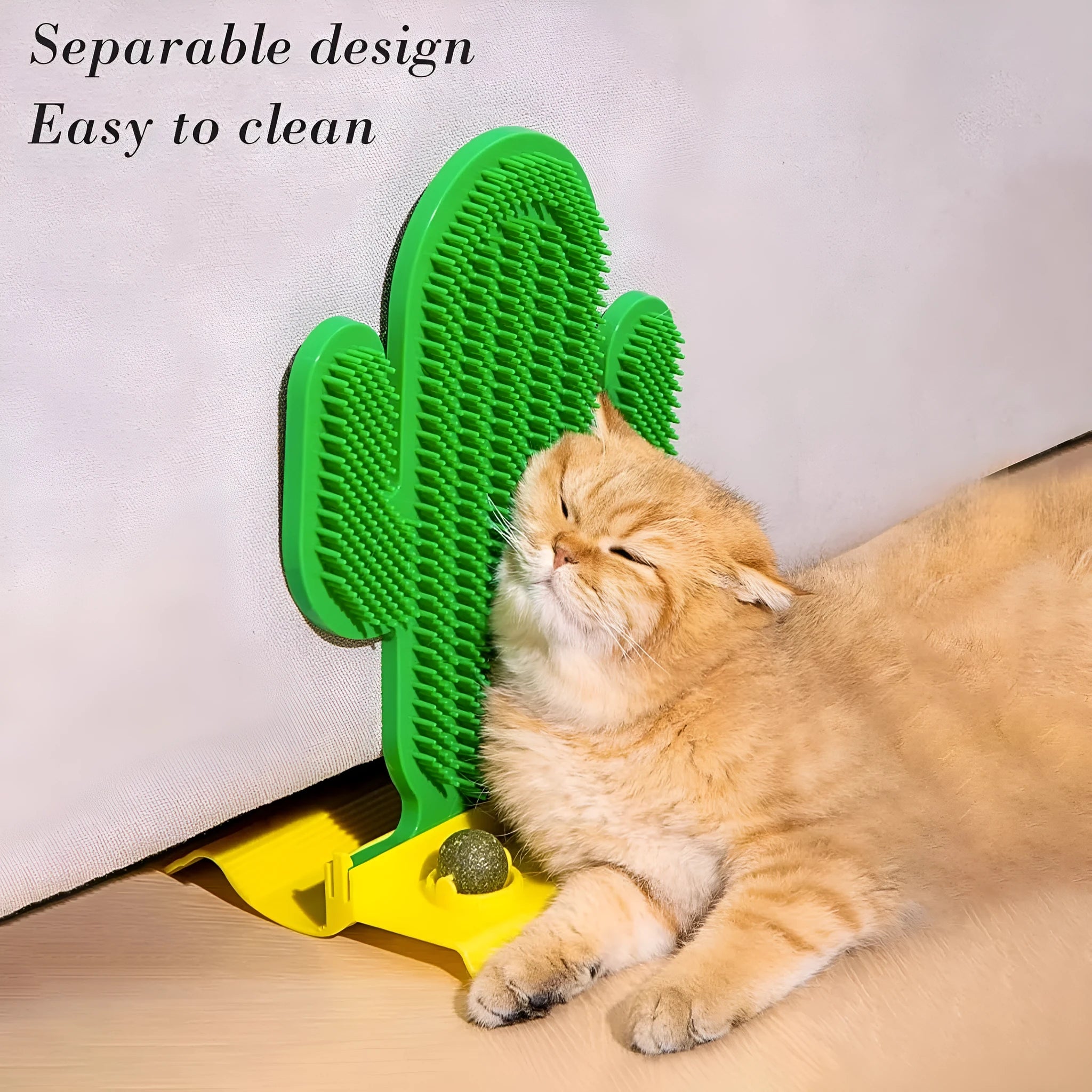 Green cactus-shaped cat self groomer with two catnip balls attached to a wall corner