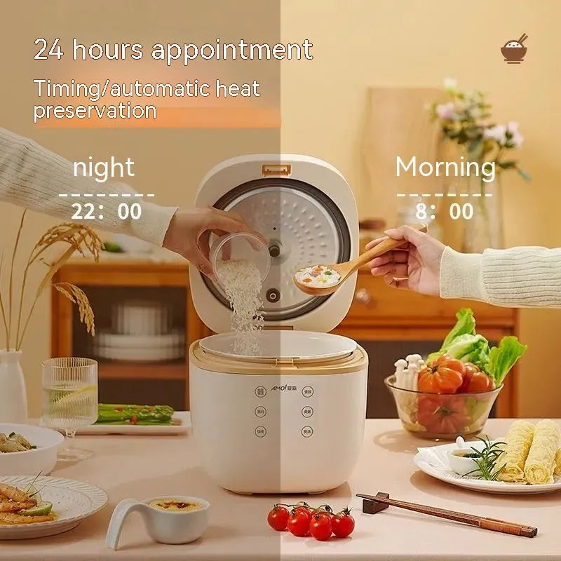 White or beige 3L rice cooker with black inner pot, rice scoop, measuring cup and steamer basket