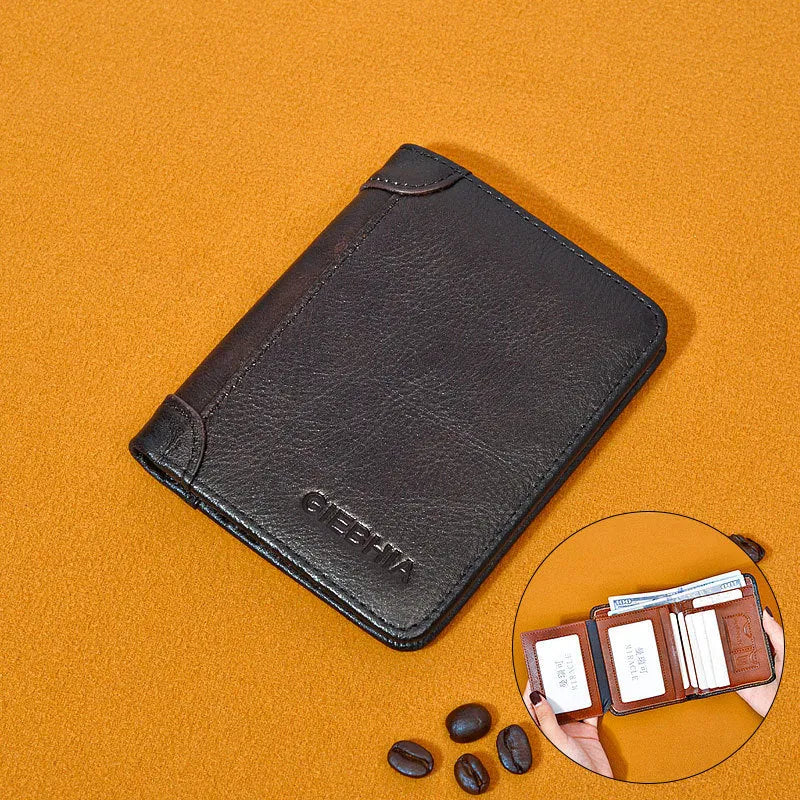 Men's leather anti-theft swiping ultra-thin multi-card-slot short wallet in brown trifold design with visible sewing thread
