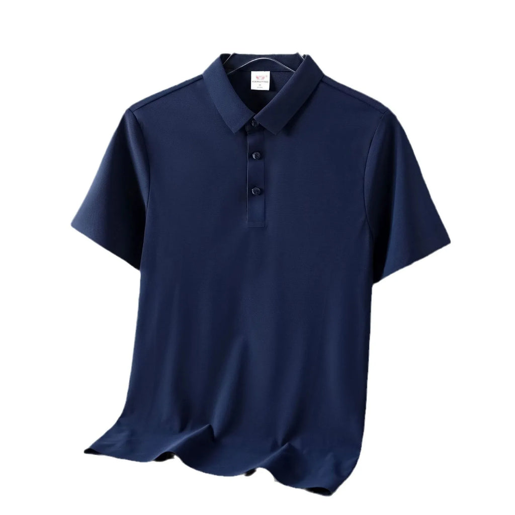 Men's ice silk seamless short sleeve polo shirt in solid colour, loose fit, nylon fabric, side view