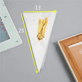 Clear plastic triangle-shaped packaging bag with a silver tie wire closure.