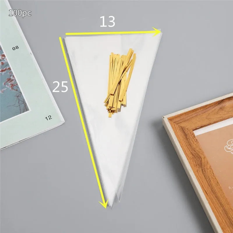 Clear plastic triangle-shaped packaging bag with a silver tie wire closure.